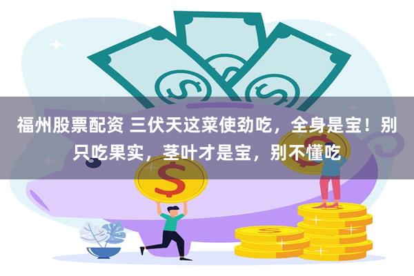 福州股票配资 三伏天这菜使劲吃，全身是宝！别只吃果实，茎叶才是宝，别不懂吃